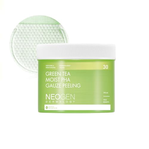 DERMALOGY by NEOGENLAB Tè verde umido PHA Garze Tamponi per peeling (30 pastiglie) - Peeling Pad esfoliante e lenitivo con AHA, BHA, PHA, LHA e tè verde e acido ialuronico - Cura della pelle coreana