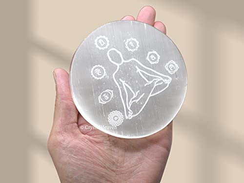 Image of Certified Selenite Crystal Charging Plate, 4 Inch Engraved Chakra Buddha Selenite Plate for Crystal Cleansing Re-Energy Work, Meditation and Pooja (4 Inch, Chakra Buddha)