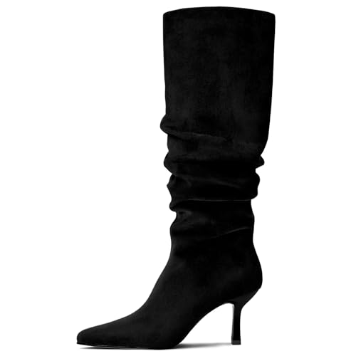 Lumeheel Black Knee High Boots for Women - Suede Ruched Women's Tall Boots with Pointed Toe Kitten Heel Pull On Zipper, Slouch Fashion for Fall Winter, Size 8
