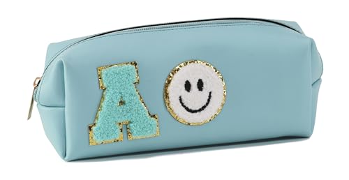 Image of AICA Gifts Personalized Leather Pencil Pouch (Blue) with Embroidered Alphabet & Patch | Pencil Pouch for Kids | Birthday Gift | Birthday Return Gift |Gift for Kids Age 6-10