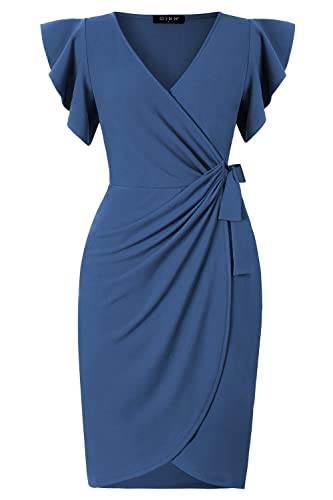 Image of oten Womens Deep V Neck Ruffle Sleeve Sheath Casual Cocktail Party Work Faux Wrap Dress