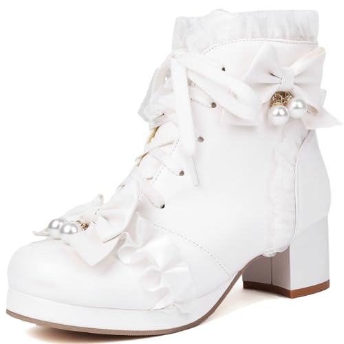 DINTAHA Zapatos Kawaii para mujer, botas góticas de plataforma Lolita, botas de tobillo con lazo, lindos zapatos de cosplay, Blanco, 42 EU
