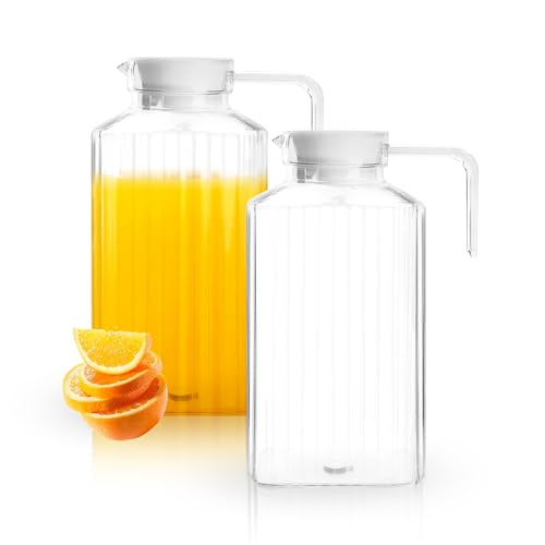 WeeGoo 2 Pack Plastic Pitcher Fridge Jug with Lid, Clear Striped Beverage Drink Pitcher, Plastic Water Jugs for Juice Milk Drinks Tea