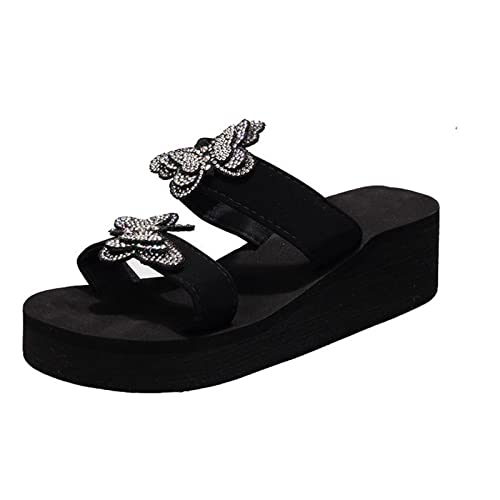 Sandals Women Fashion 2023 Summer Sequin Butterfly Double Strap Slip on Platform Wedge Slides Cute Open Toe Casual Slipper Comfy Ladies Shoes Sandalias