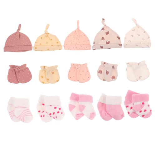 FRCOLOR 5Sets Hat Socks Mittens Soft Cotton Caps Gloves Socks for Home Hospital Use Complete Protection for Newborns for Photoshoots and Daily Wear
