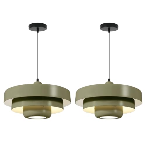 Image of 2-Pack Mid-Century Olive Green Pendant Light Fixtures, Adjustable Wire Hanging Lamps, 3-Layer Pendant Lamp E26 Base for Foyer, Bedroom, Farmhouse