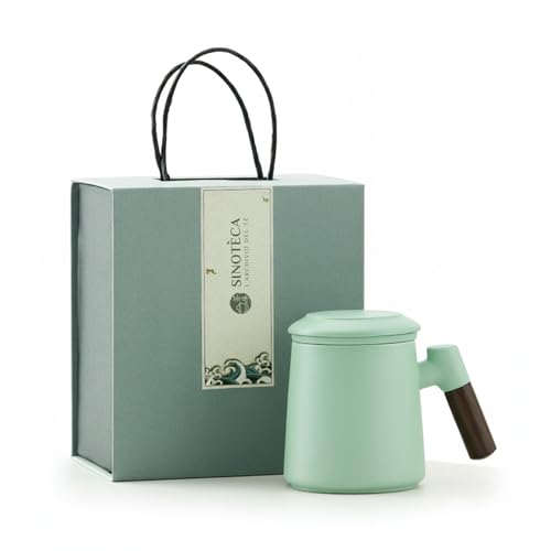SINOTE'CA Tazza da Tè con Infusore e Coperchio 400ml, Set Regalo in Ceramica con Manico in Legno e Sottobicchiere, Tazza Tisana con Infusore Fine per Tè Sfuso, Confezione Regalo Elegante