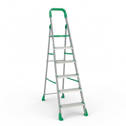 Image of Amazon Basics Clamber Pro - Foldable Step Ladder, Firm Grip, 6 Steps (Aluminium Steps, Green & Satin)