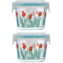 Small Square Glass Containers with Lids, Floral Glass Meal Prep Bowl Airtight Glass Food Storage Jars for Sauce Snack Yogurt Dressing Dip Dessert Ice Cream Container 2 Pack