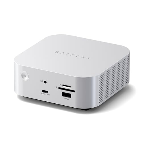SATECHI Thunderbolt-5 CubeDock Dockingstation 80-120 Gbit/s (USB4 komp.) integriertes NVMe SSD Gehäuse 140W Laden Multi-Display bis 8K USB-C & USB-A 10 Gbit/s aktive Kühlung Silber