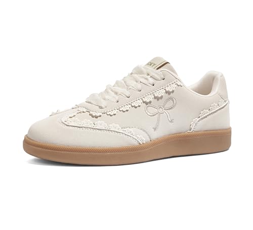 LUCKY STEP Women’s Lace Detail Casual Sneakers Organza Ribbon Lace-Up Fashion Vintage Gum Sole Trendy Cute Shoes(Off-White,8)