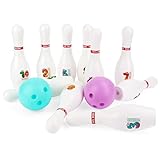 deAO Kegelspiel für Kinder Bowling Set groß mit 10 24cm Kunststoff Bowling Pins (DIY-Muster) und 2 Bälle für Indoor Outdoor Spielzeug ab 3 Jahre Jungen und Mädchen Geschenke Spiele