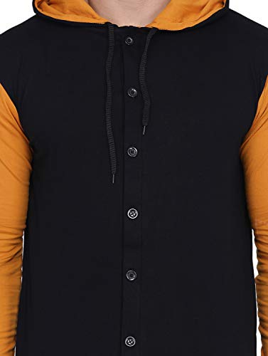 Image of Geum Men's Full Sleeve Hooded T-Shirt with Button-Down Front | Casual Slim Fit Cotton Shirt-Style Tee