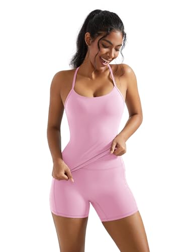 OMKAGI 2 Piece Workout Sets for Women Padded Sports Bra Tank Booty Gym Shorts with Pockets4