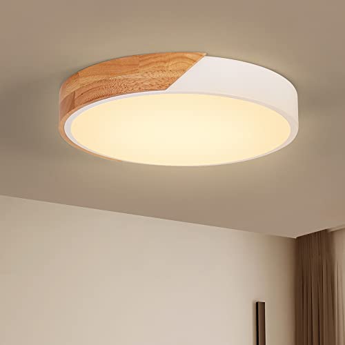 ERWEY LED Deckenleuchte Warmweiß 3000K Deckenleuchte Holz Deckenlampe Moderne LED Leuchte für Schlafzimmer Wohnzimmer Korridor Balkon Küche (φ30CM, Weiß)