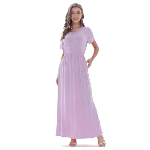 Image of AUOMITH Women's 2026 Summer Short Sleeve Empire High Waist Long Maxi Dress with Pockets