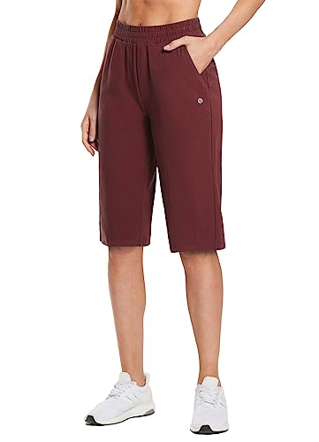 Baleaf Women's 15" Capri Yoga Pants With Pockets Cotton Wide Leg Exercise Workout Crop Straight Open Petite Bottom Wine Xl #TOP17