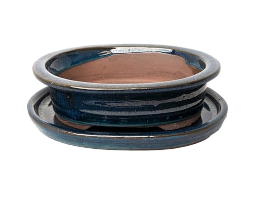 Glazed Ceramic Bonsai Pots with Matching Drip Trays (Blue, 16cm)