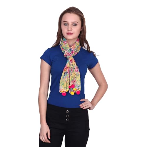 Image of POPWINGS Casual Yellow Printed Chiffon Scarf with pom-pom work