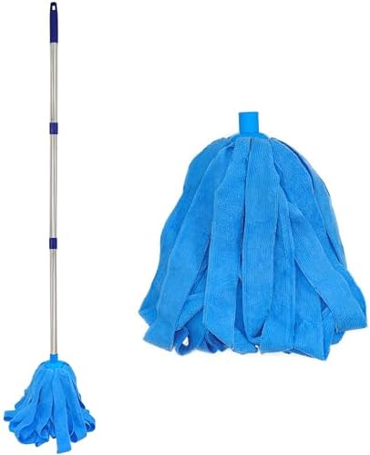 Mop, One Stainless Steel Pole + Two Blue Microfiber Cloth Mop Heads (1 Pole & 2 Mop Heads)