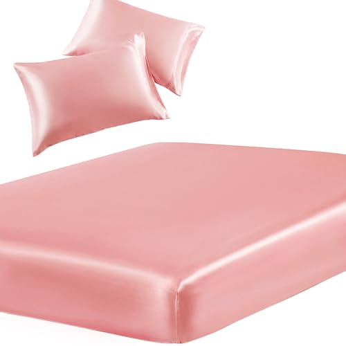 Image of SiinvdaBZX 3-Piece Set Satin Queen Fitted Sheet & 2 Pillowcase, Blush Pink Silky Soft Fitted Bottom Sheet, Wrinkle Free, Fade Resistant, Deep Pocket Bed Sheet (Deep Up to 15 inch)