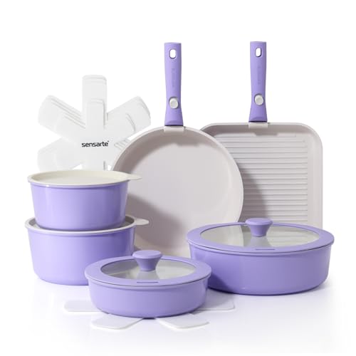 SENSARTE Juego de Ollas y Sartenes de Cerámica 17 Piezas, Utensilios de Cocina Antiadherentes con Mango Desmontable, Apto para Todo Tipo de Cocinas, Aptos para Lavavajillas y Horno (Morado)