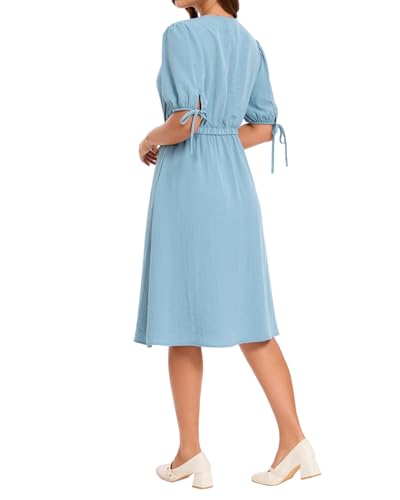 Image of Women Linen Rayon Blend Midi V Neck Button Front Elastic Waist Puff Sleeve Tie Casual Summer Dress