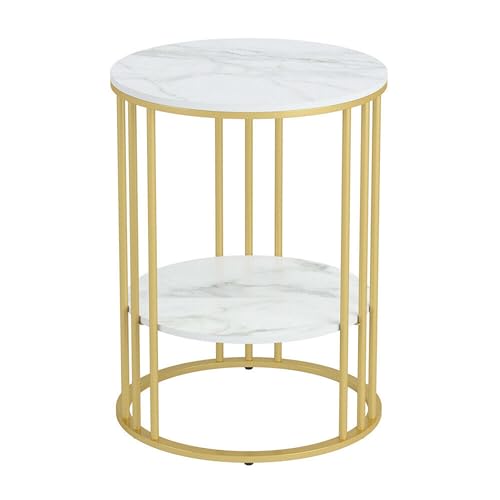 Image of Round End Table Coffee Table Side Table Bedside Table Nightstand Side Corner for Living Room Bedroom (Gold White 01)