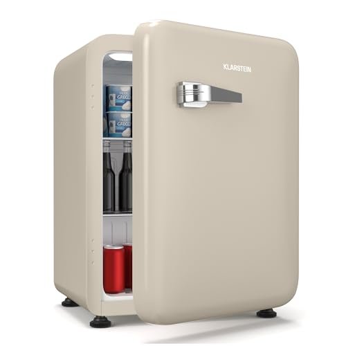 Klarstein Audrey Evo 68L Mininevera Retro - Silenciosa 40 dB, Termostato Ajustable, Puerta Reversible, Nevera Pequeña para Habitaciones, Oficinas, Diseño Vintage, Crema