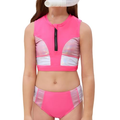 Perfashion Girls Swimsuit Two Piece Color Block Tankini Zipper Bathing Suits High Waisted Sporty Teens