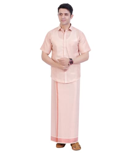 Image of Men's Traditional Indian Shirt and Dhoti Set, Half Sleeves Tissue Silk Cotton Shirt With Dhoti 2 metres for men