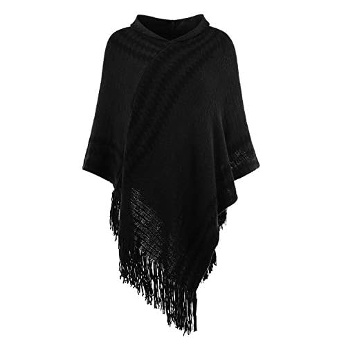 Ferand Women's Cozy Zigzag Poncho Sweater Lightweight Fringe Cape Cloak with Hood Black