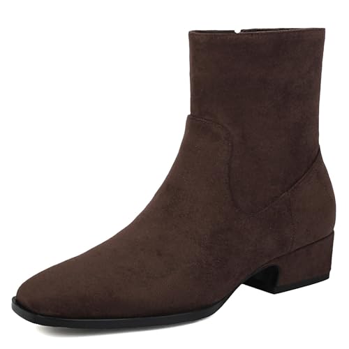 Latasa Women's Low Heel Ankle Boots Square Toe Comfortable Brown Suede Booties Dress Boots (6.5, Brown)