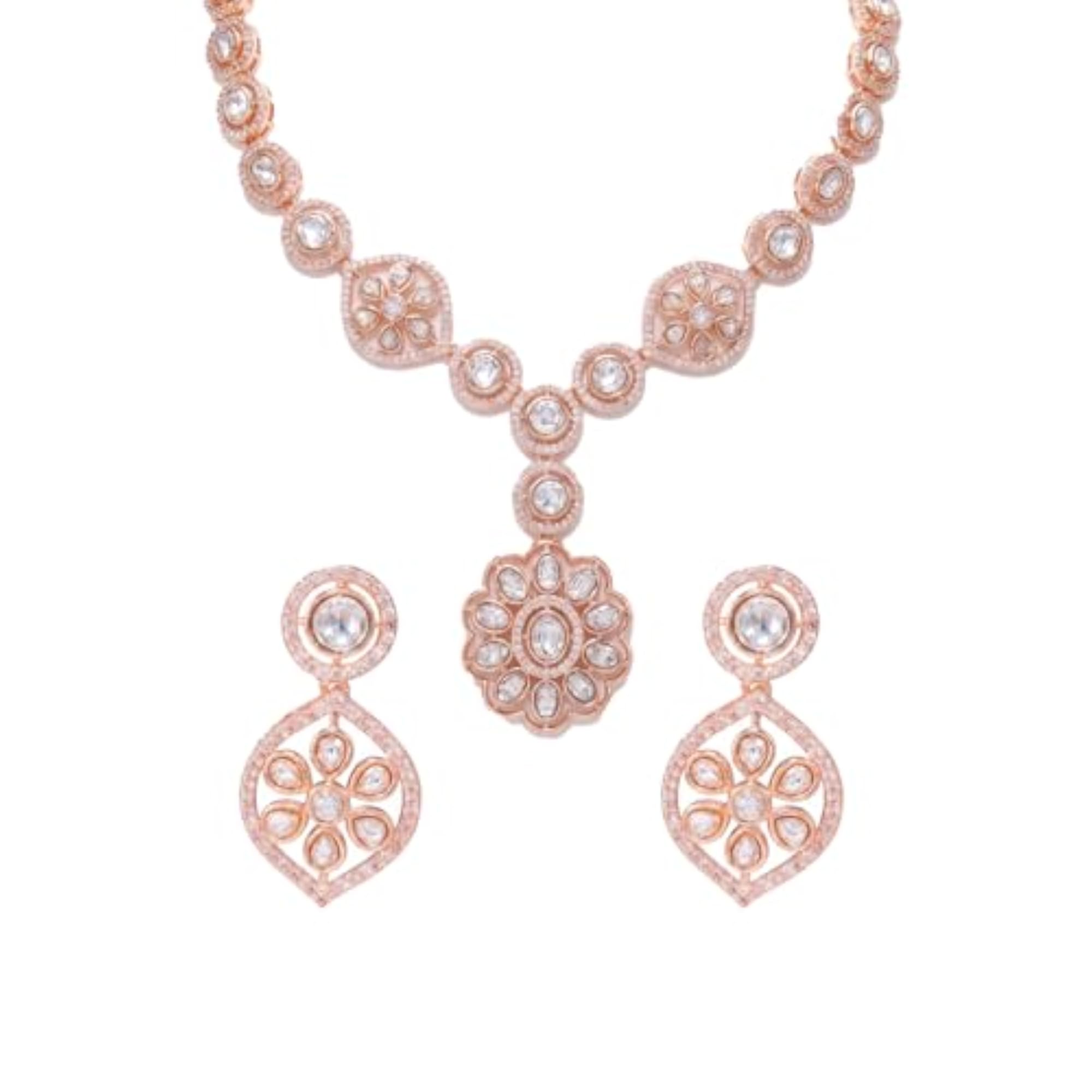 Women's White Rose Gold Plated Ethnic Necklace Earrings Set