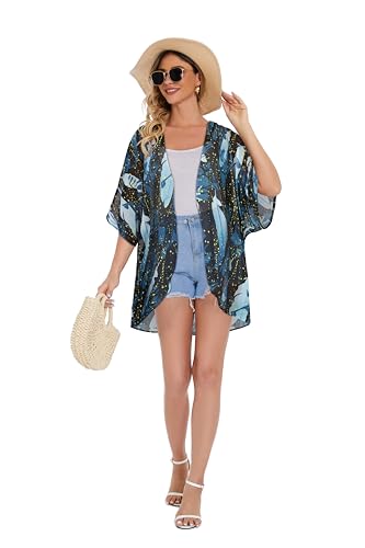 Image of Women's Floral Print Puff Sleeve Kimono Cardigan Loose Cover Up Casual Blouse Tops 2026