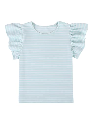 Image of Girls Striped Shirt Flutter Sleeve Top Crewneck Cute Summer T Shirts Casual Tees Blue Stripe 13-14 Years