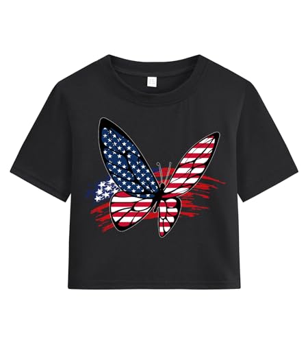 Image of Tkria Girl Crop Tops July 4th Crewneck Tshirt American Flag Patriotic USA Flag Girls Outfit Clothes Size 6-14