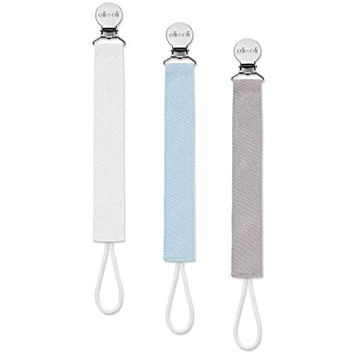 Image of Ali+Oli Linen Strap Pacifier Clip (Sky) Set of 3 (10" x 1") Baby Pacifier Holder for Newborn Pacifiers & Teethers, Binky Clips, Silicone-Free Pacifier Clips