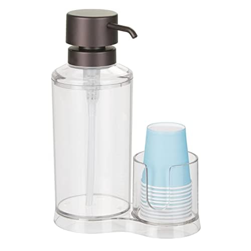 mDesign Plastic Refillable Mouthwash Dispenser and Cup Storage Organizer for Bathroom Vanity, Countertop, Cupboard - Includes 8 Paper Cups - Lumiere Collection - Clear/Bronze