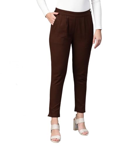 Image of Yash Gallery Women's Regular Fit Mid Rise Solid Cotton Slub Ankle Length Regular Trouser Pant