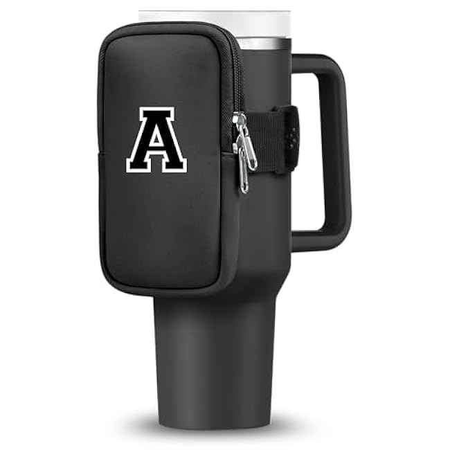 Initial Water Bottle Carrier Bag for Stanley-Tumbler pouch with Zipper Pocket Travel mug pouch- Personalized A-Z Phone Pocket for Stanley Cup Accessories - Detachable Large Phone Pocket