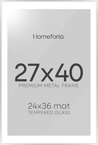 Image of Homeforia Silver Poster Frame 27x40, High End Metal Large Picture Frame with Mat 24 x 36 Photo, Silver Movie Frames Matted to 24x36, 40x27 Thin Frames, Tempered Glass, Wall Kit, Set of 1