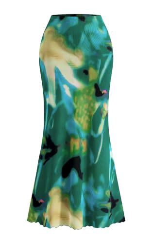 PRETTYGARDEN Women's Floral Print Mesh Long Skirt High Waisted Bodycon