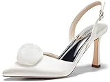 Coutgo Womens Slingback High Heels Closed Pointed Toe D'Orsay Satin Buckle Pumps Flower Wedding Dress Shoes, White, Size 6