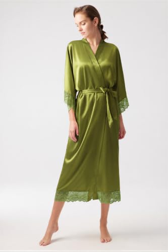 Image of BABEYOND Satin Kimono Robes for Women with Lace Trim Wedding Bridesmaid