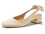 Coutgo Womens Chunky Low Heels Bow Slingback Pumps Closed Square Toe Wedding Party Dress Shoes, Apricot, Size 7.5
