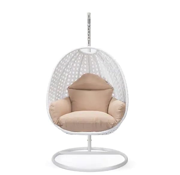 Image of Single Seater Swing Chair with Stand & Cushion Outdoor Indoor Balcony Garden Patio, Powder Coated Frame, UV-Protected Wicker, Premium Cushion, Swing Chair (White::Honey)