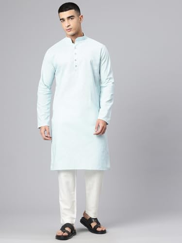 Image of Majestic Man Men's Cotton Regular Fit Casual Mandarin Collar Ethnic Motifs Solid Long Kurta