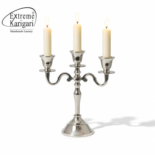 Image of Aluminum Metal 3-Arm 8inch German Silver Candelabra for Dining Table | Vintage Candle Stand for Romantic Dinner, Home & Wedding Decor