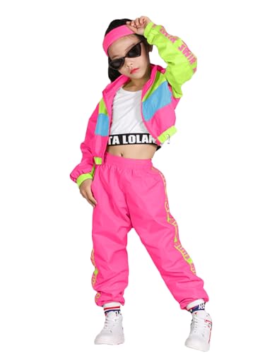 LOLANTA Girls Dance Clothing Set, Hip Hop Modern Jazz Team Performance Costume, Girls Dance Wear Sets (7-8, Hot pink)